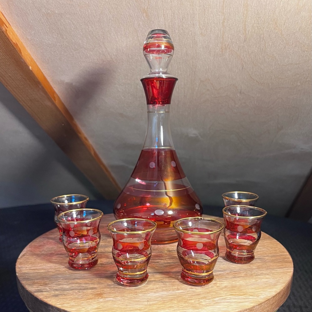 Vintage MCM Flashed Red Small Decanter and 6 Shot Glasses
